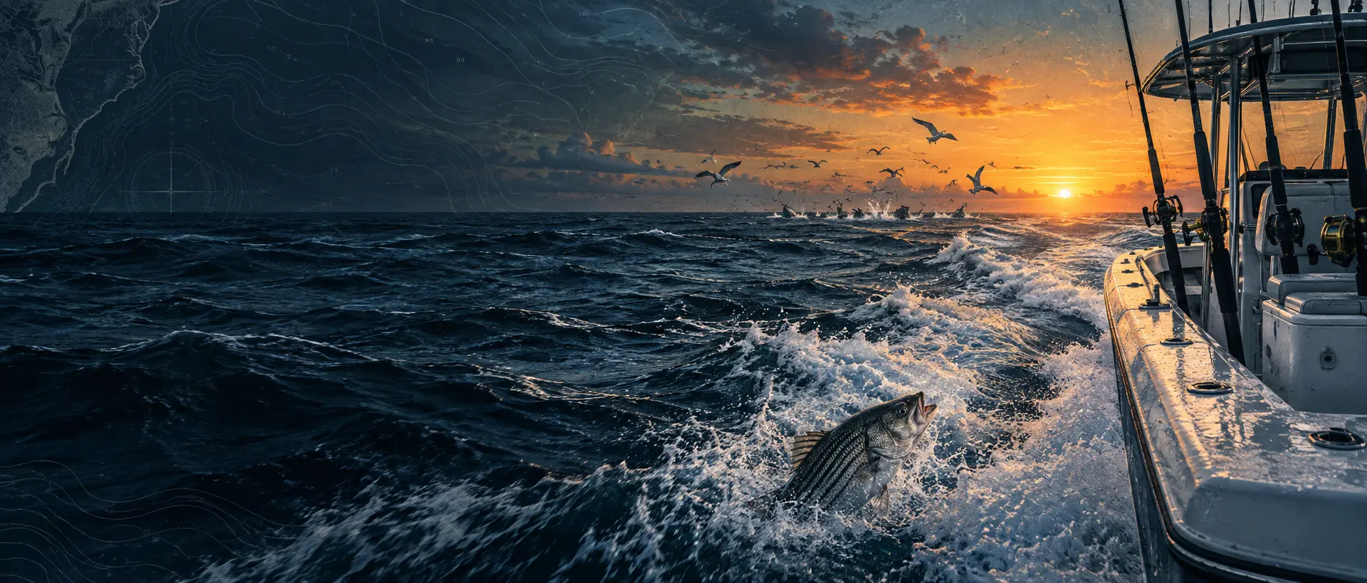 Center-console running the Outer Banks coast at dawn during fall red drum season