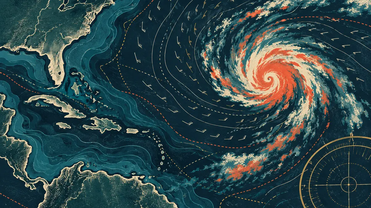 Editorial illustration of a developing Gulf tropical system shown on a nautical chart