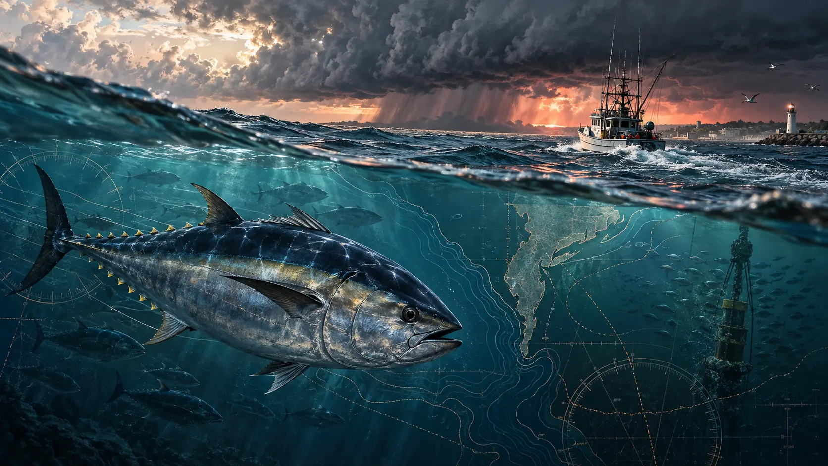 Editorial illustration of an offshore sportfishing vessel on the Atlantic in building seas with an active Gale Warning