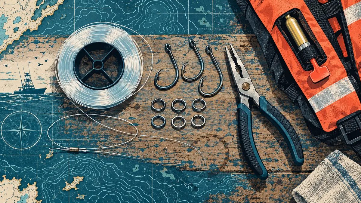 Editorial illustration of bottom-fishing tackle including dropper loop rigs, short-shank hooks, and green crab bait on a marine workbench