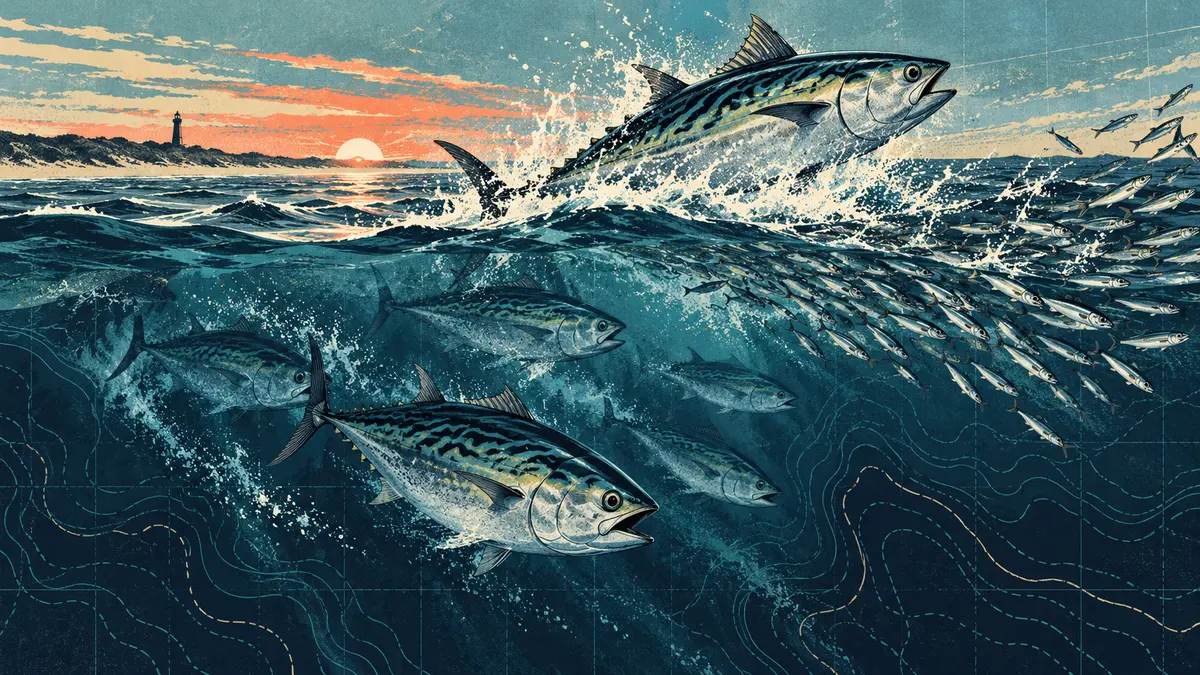 Editorial illustration of false albacore chasing bait along the South Jersey coast
