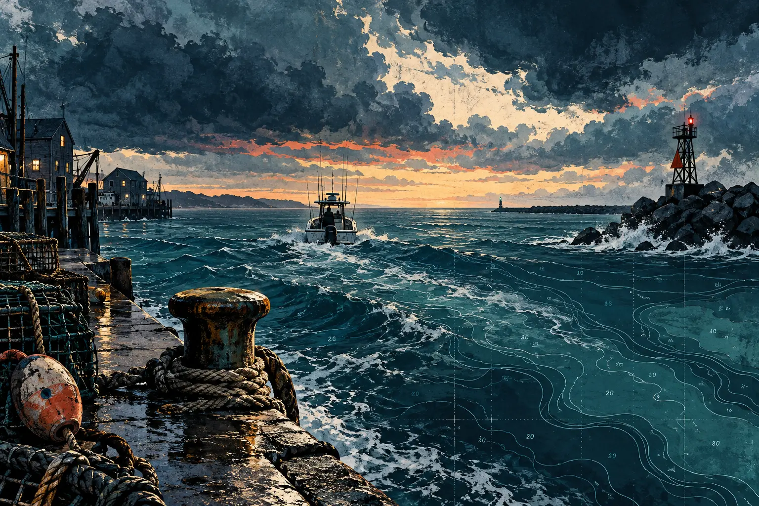 Illustrated Atlantic harbor at dawn, with a boat returning through choppy water beneath clearing storm clouds
