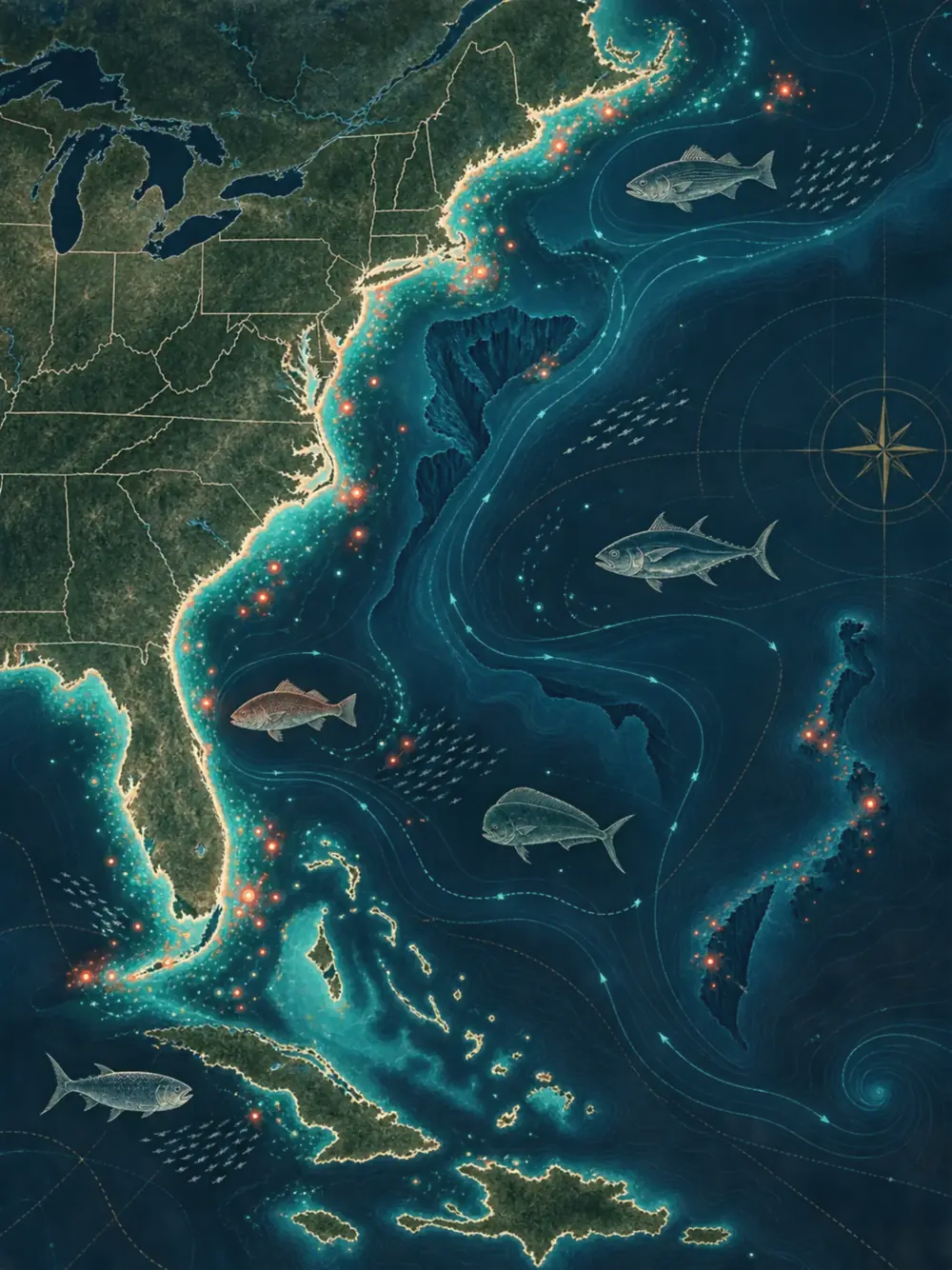 Illustrated Atlantic coast current and fishing report map