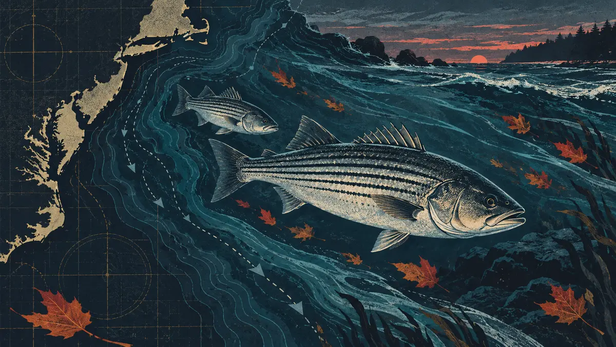 Editorial illustration of striped bass moving south through Chesapeake Bay fall water